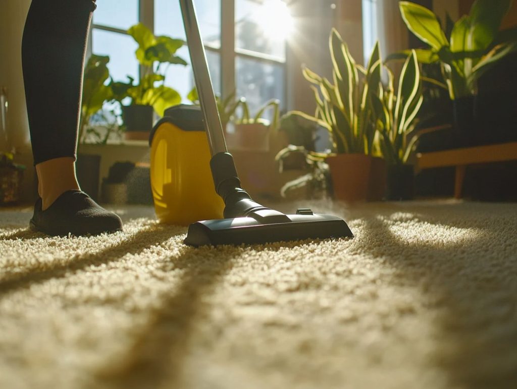 A person vacuum cleaning a carpet at home